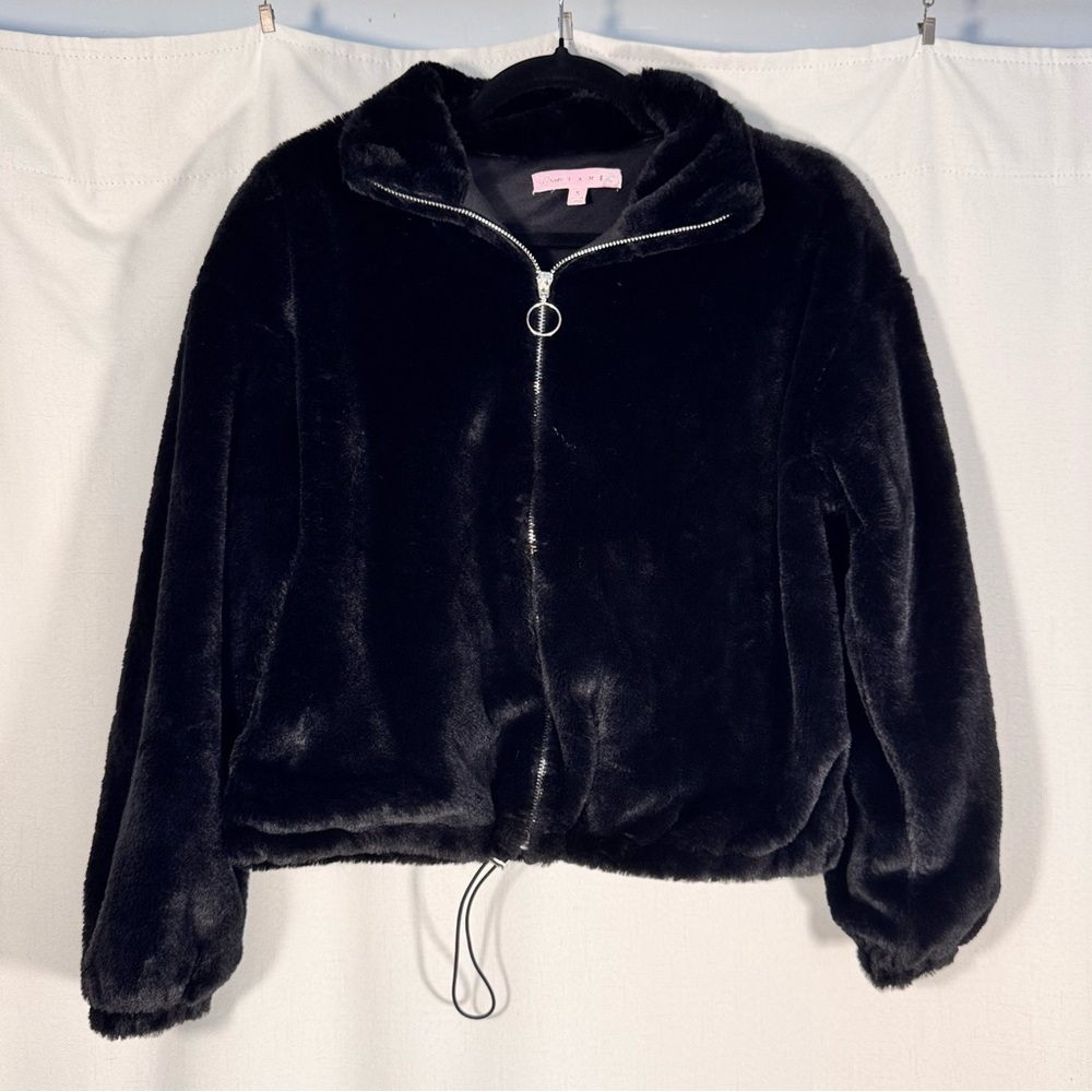 Black Faux Fur Cropped Front Zip Jacket